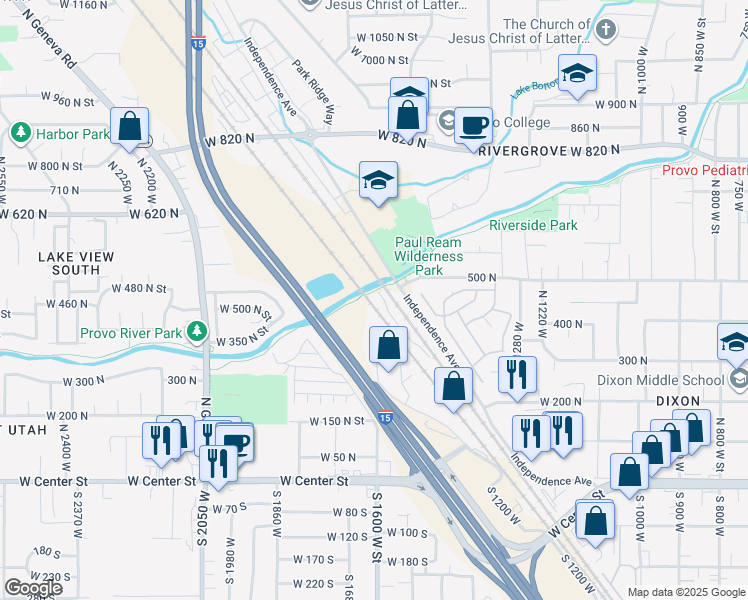 map of restaurants, bars, coffee shops, grocery stores, and more near 499 North Draper Lane in Provo