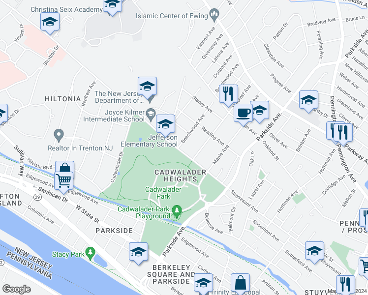 map of restaurants, bars, coffee shops, grocery stores, and more near 1130 Stuyvesant Avenue in Trenton