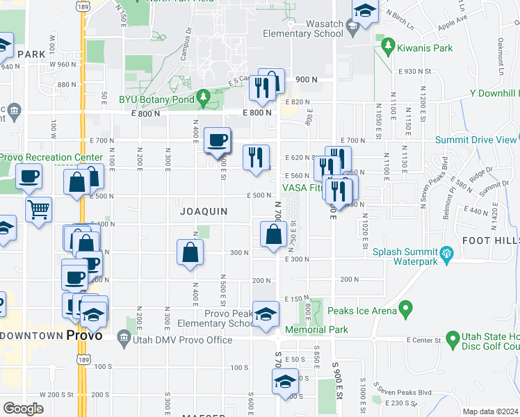 map of restaurants, bars, coffee shops, grocery stores, and more near 608 East 500 North in Provo