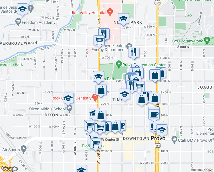 map of restaurants, bars, coffee shops, grocery stores, and more near 400 500 North in Provo