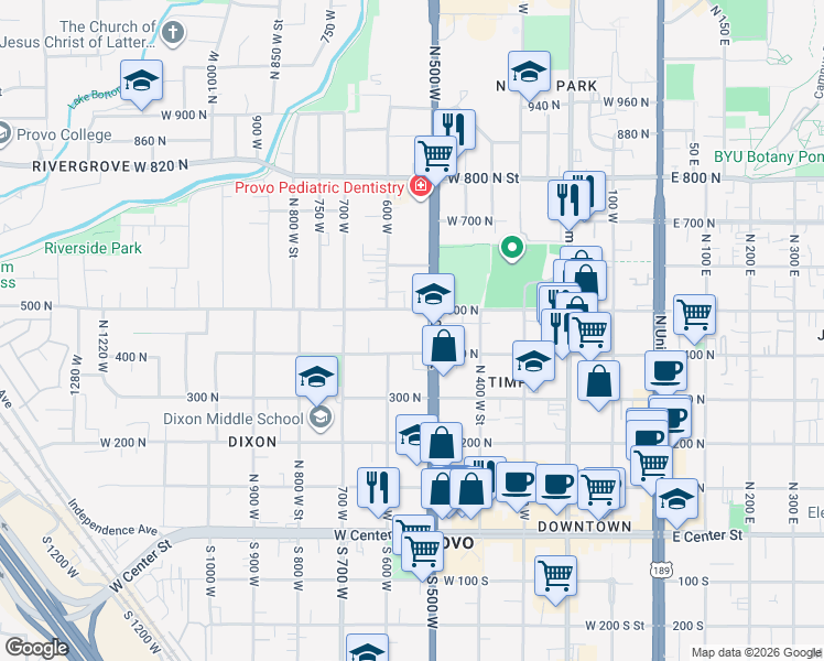 map of restaurants, bars, coffee shops, grocery stores, and more near 588 500 North in Provo