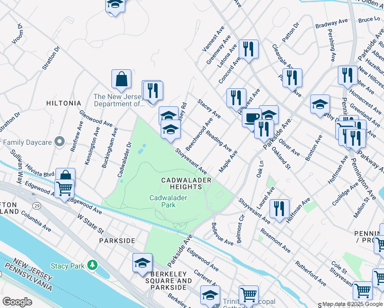 map of restaurants, bars, coffee shops, grocery stores, and more near 58 Beechwood Avenue in Trenton