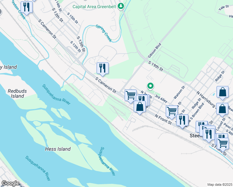 map of restaurants, bars, coffee shops, grocery stores, and more near 1713 South Cameron Street in Harrisburg