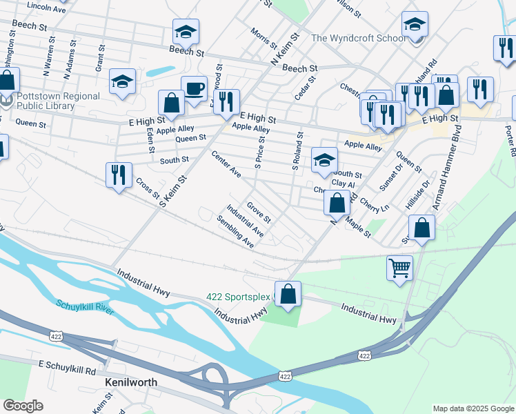 map of restaurants, bars, coffee shops, grocery stores, and more near 1123 Grove Street in Pottstown