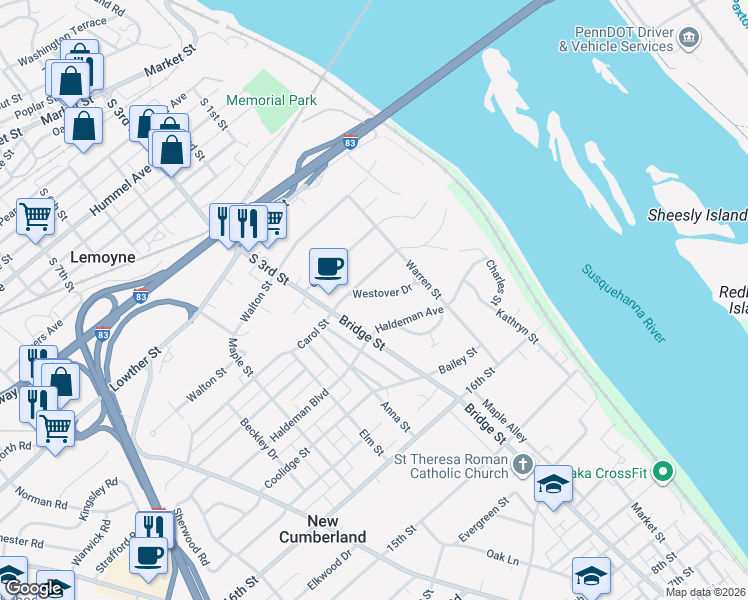 map of restaurants, bars, coffee shops, grocery stores, and more near 244 Westover Drive in New Cumberland