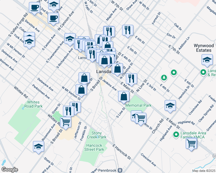 map of restaurants, bars, coffee shops, grocery stores, and more near 21 Jenkins Avenue in Lansdale