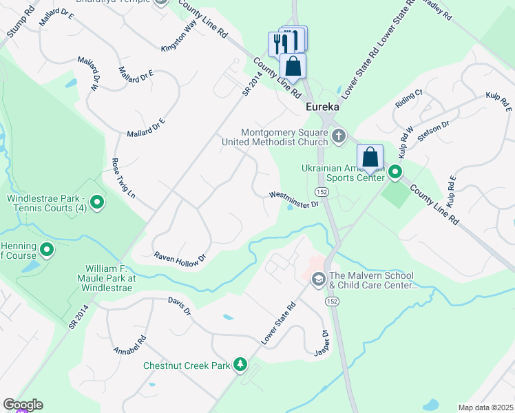 map of restaurants, bars, coffee shops, grocery stores, and more near 100 Churchill Circle in North Wales