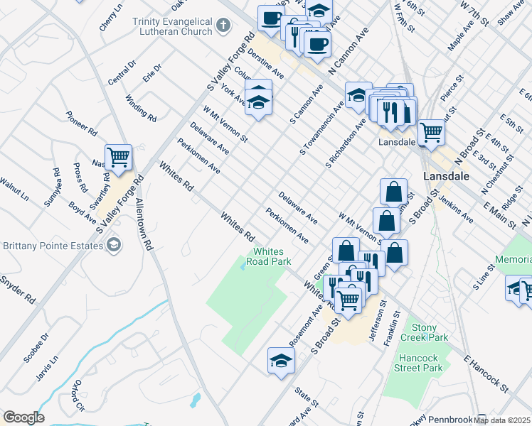 map of restaurants, bars, coffee shops, grocery stores, and more near 426 Perkiomen Avenue in Lansdale