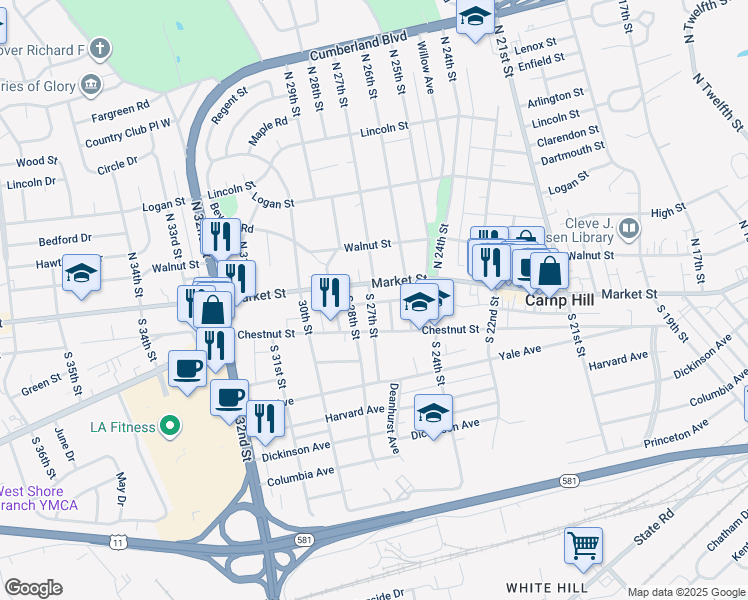 map of restaurants, bars, coffee shops, grocery stores, and more near 15 South 27th Street in Camp Hill