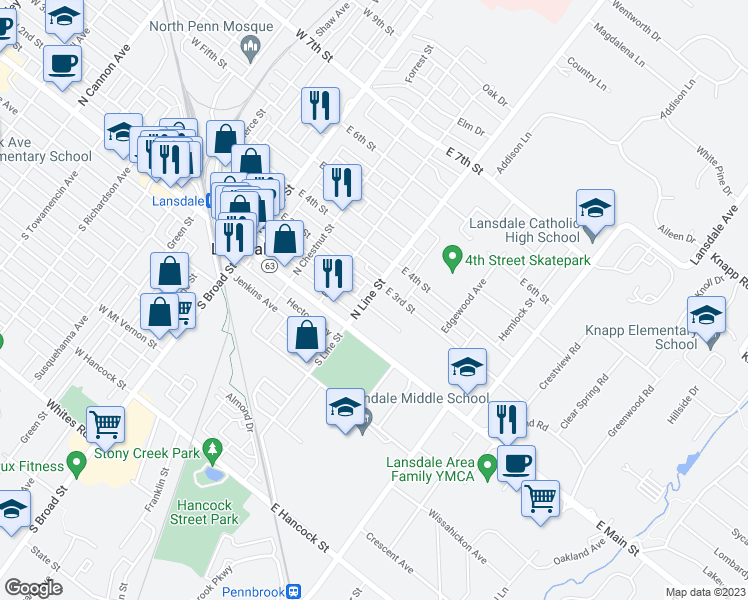 map of restaurants, bars, coffee shops, grocery stores, and more near 201 North Line Street in Lansdale
