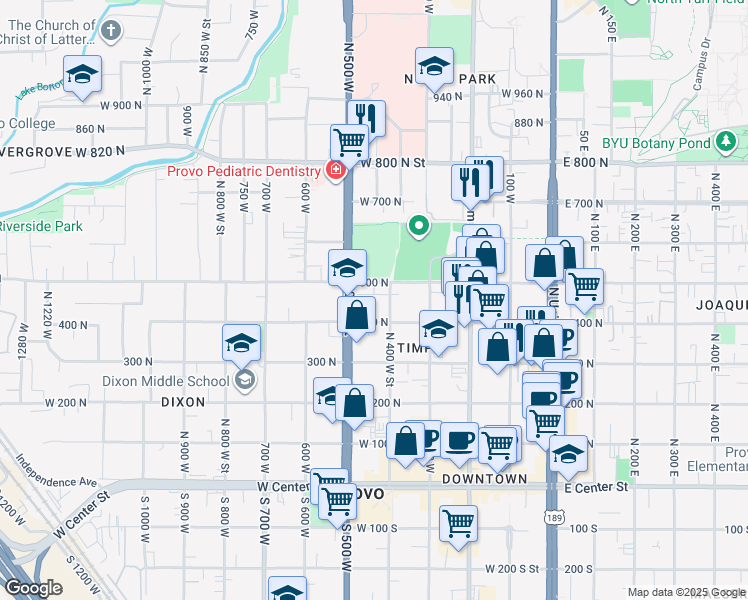 map of restaurants, bars, coffee shops, grocery stores, and more near 455 North 400 West Street in Provo