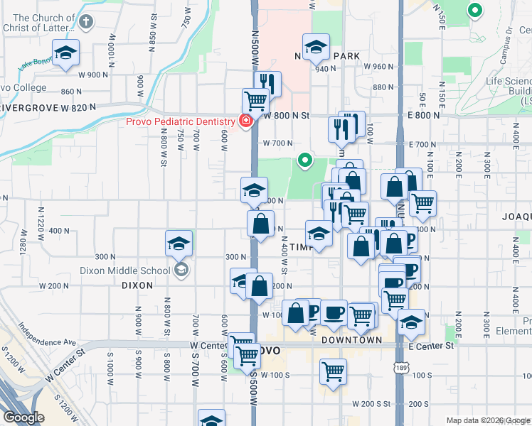 map of restaurants, bars, coffee shops, grocery stores, and more near 455 North 400 West Street in Provo