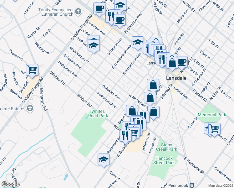 map of restaurants, bars, coffee shops, grocery stores, and more near 341 Delaware Avenue in Lansdale