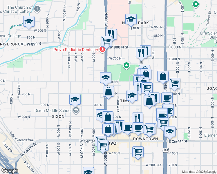 map of restaurants, bars, coffee shops, grocery stores, and more near 455 North 400 West Street in Provo
