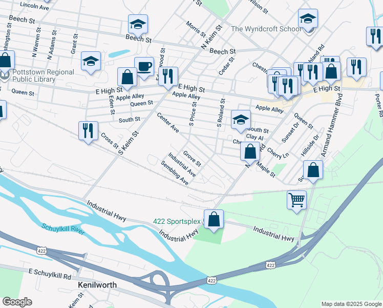 map of restaurants, bars, coffee shops, grocery stores, and more near 1123 Grove Street in Pottstown