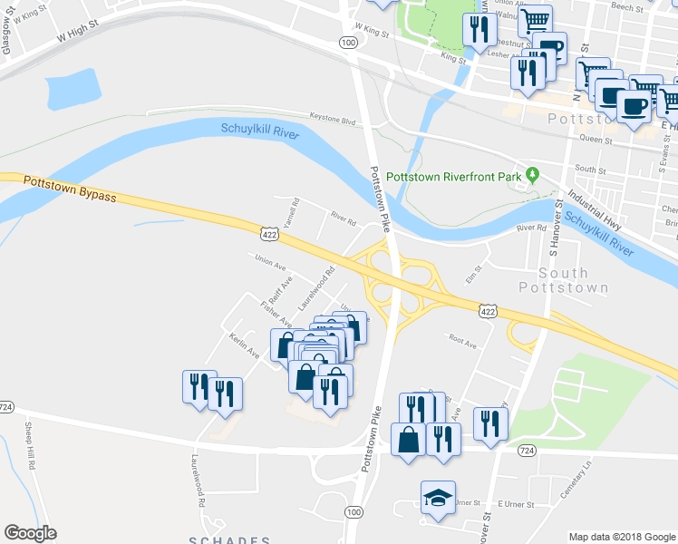 map of restaurants, bars, coffee shops, grocery stores, and more near 270 Laurelwood Road in Pottstown