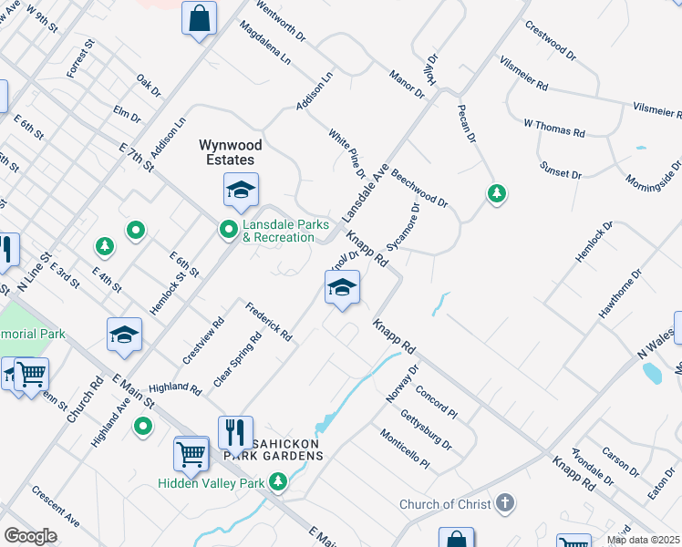 map of restaurants, bars, coffee shops, grocery stores, and more near 639 Knoll Drive in Lansdale