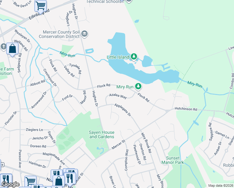 map of restaurants, bars, coffee shops, grocery stores, and more near 597 Flock Road in Trenton