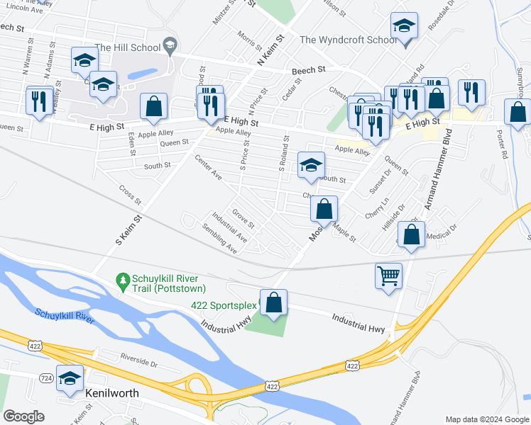 map of restaurants, bars, coffee shops, grocery stores, and more near 1147 Center Avenue in Pottstown