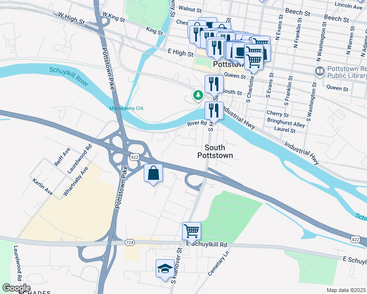 map of restaurants, bars, coffee shops, grocery stores, and more near 146 West Main Street in Pottstown