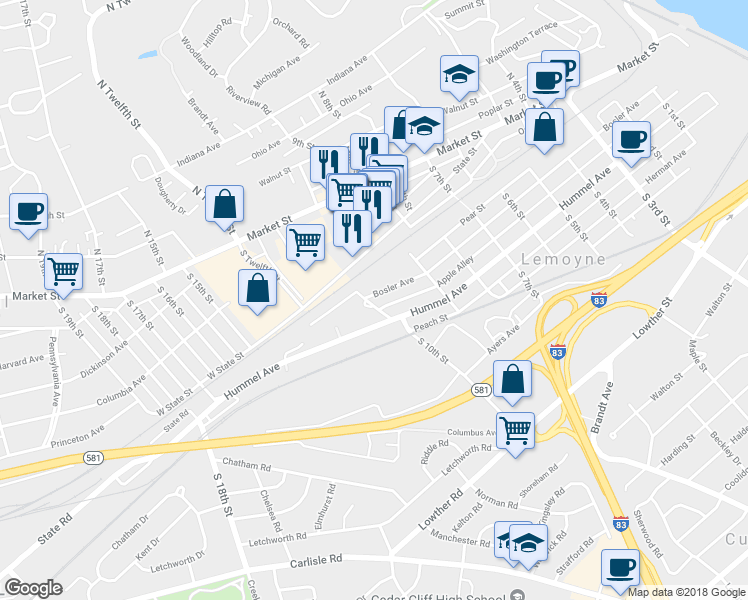 map of restaurants, bars, coffee shops, grocery stores, and more near 968 Bosler Avenue in Lemoyne