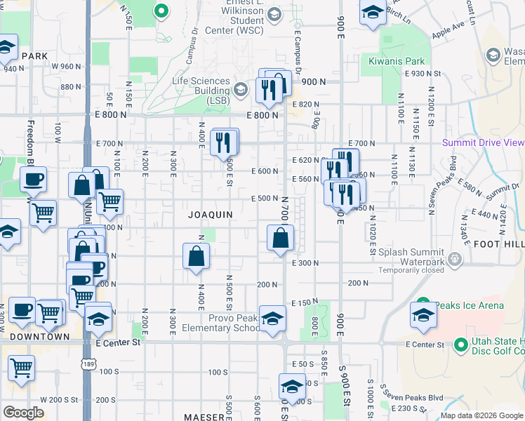 map of restaurants, bars, coffee shops, grocery stores, and more near 460 600 East in Provo