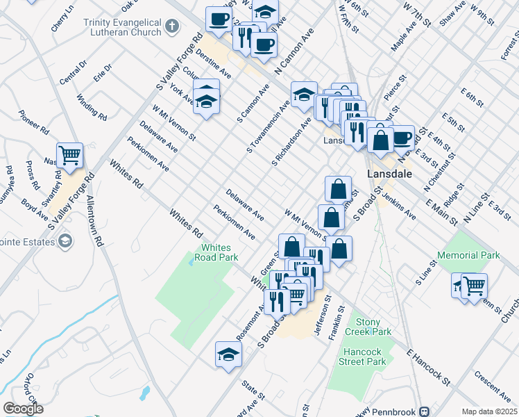 map of restaurants, bars, coffee shops, grocery stores, and more near 341 Delaware Avenue in Lansdale
