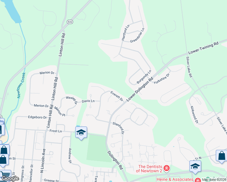 map of restaurants, bars, coffee shops, grocery stores, and more near 44 Everett Drive in Newtown