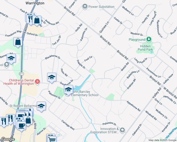 map of restaurants, bars, coffee shops, grocery stores, and more near 2045 Dapple Drive in Warrington