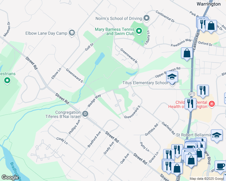 map of restaurants, bars, coffee shops, grocery stores, and more near 2492 Greensward South in Warrington