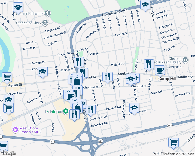 map of restaurants, bars, coffee shops, grocery stores, and more near 3005 Market Street in Camp Hill