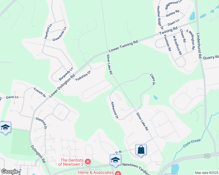 map of restaurants, bars, coffee shops, grocery stores, and more near 3 Copperleaf Drive in Newtown