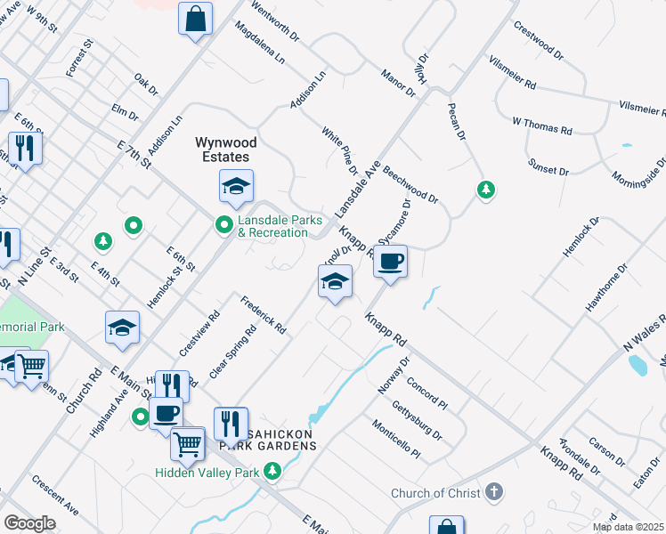 map of restaurants, bars, coffee shops, grocery stores, and more near 639 Knoll Drive in Lansdale