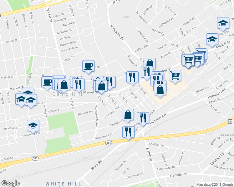 map of restaurants, bars, coffee shops, grocery stores, and more near 4 South 17th Street in Camp Hill