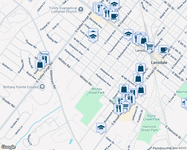 map of restaurants, bars, coffee shops, grocery stores, and more near 434 Perkiomen Avenue in Lansdale