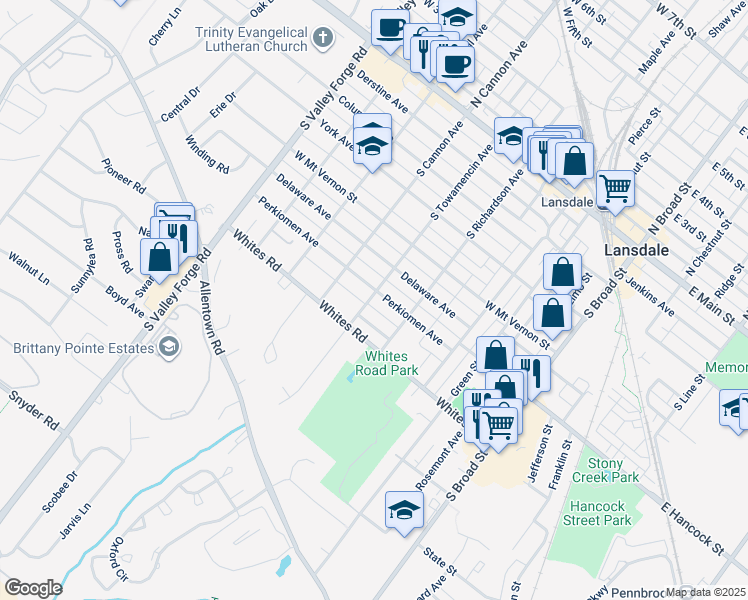 map of restaurants, bars, coffee shops, grocery stores, and more near 434 Perkiomen Avenue in Lansdale