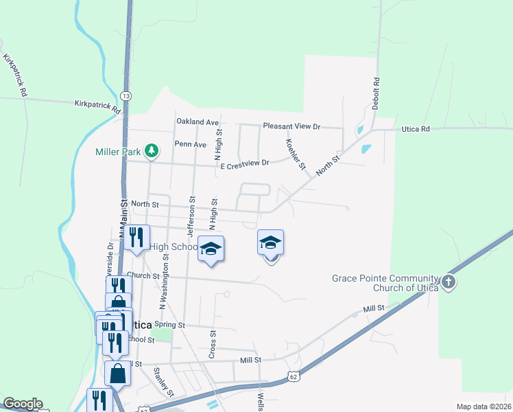 map of restaurants, bars, coffee shops, grocery stores, and more near 28 Greenbriar Drive in Utica