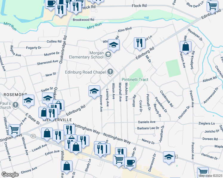 map of restaurants, bars, coffee shops, grocery stores, and more near 353 Edinburg Road in Hamilton Township