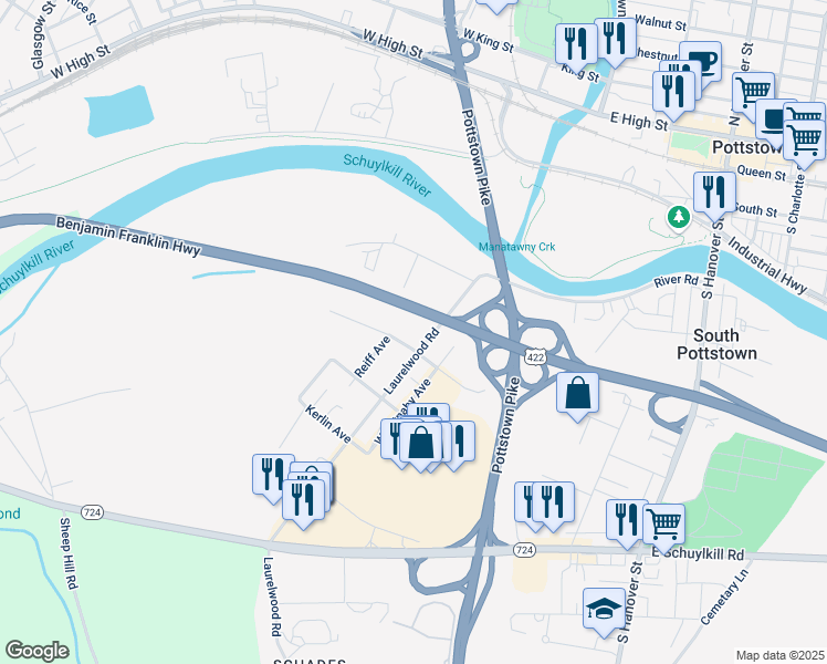 map of restaurants, bars, coffee shops, grocery stores, and more near 751 Union Avenue in Pottstown