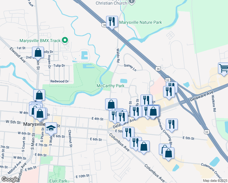 map of restaurants, bars, coffee shops, grocery stores, and more near 810 Lakeview Drive in Marysville