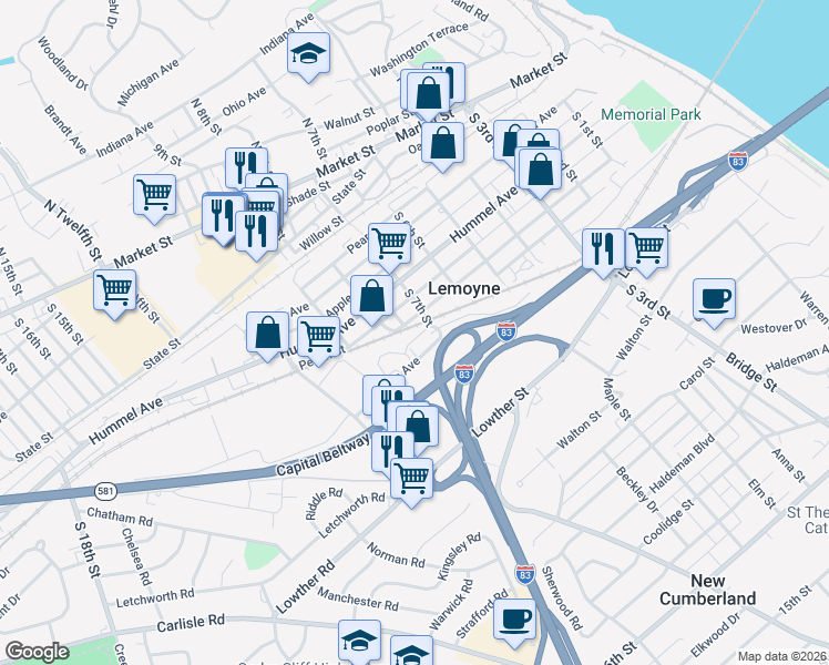 map of restaurants, bars, coffee shops, grocery stores, and more near 703 Herman Avenue in Lemoyne