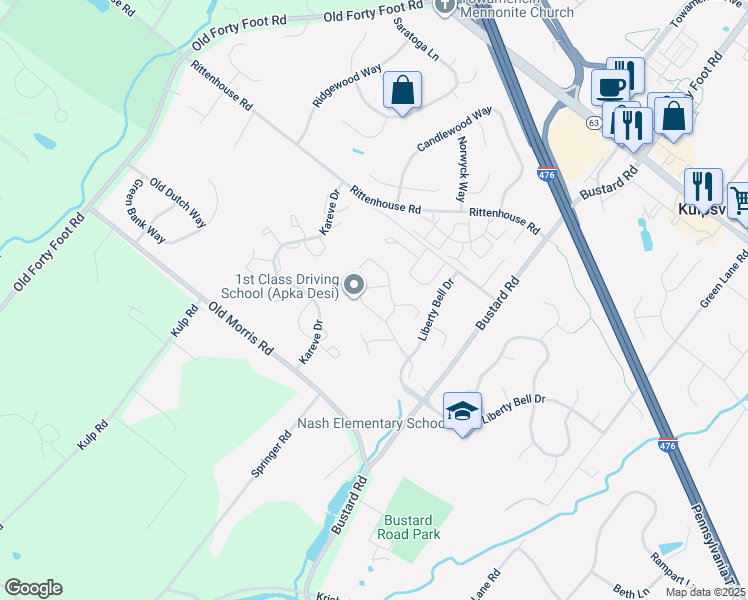 map of restaurants, bars, coffee shops, grocery stores, and more near 502 Bunker Hill Road in Harleysville