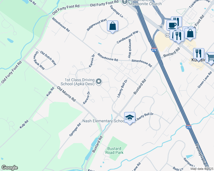 map of restaurants, bars, coffee shops, grocery stores, and more near 303 Continental Dr in Harleysville