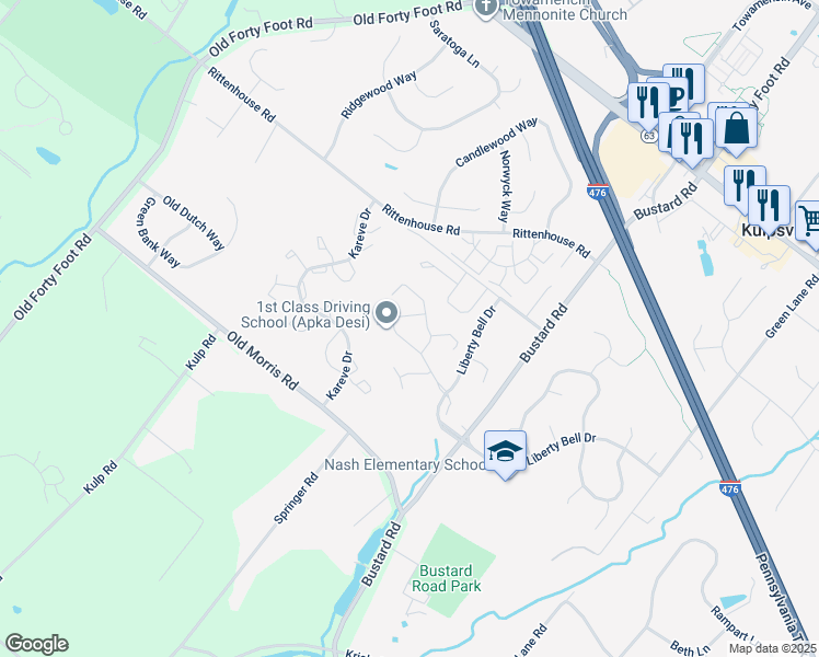 map of restaurants, bars, coffee shops, grocery stores, and more near 502 Bunker Hill Road in Harleysville