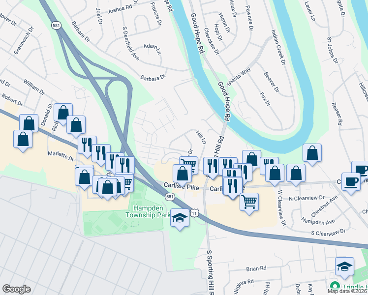 map of restaurants, bars, coffee shops, grocery stores, and more near 119 Lighthouse Drive in Mechanicsburg
