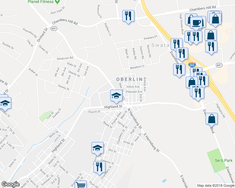 map of restaurants, bars, coffee shops, grocery stores, and more near 103 North Harrisburg Street in Harrisburg