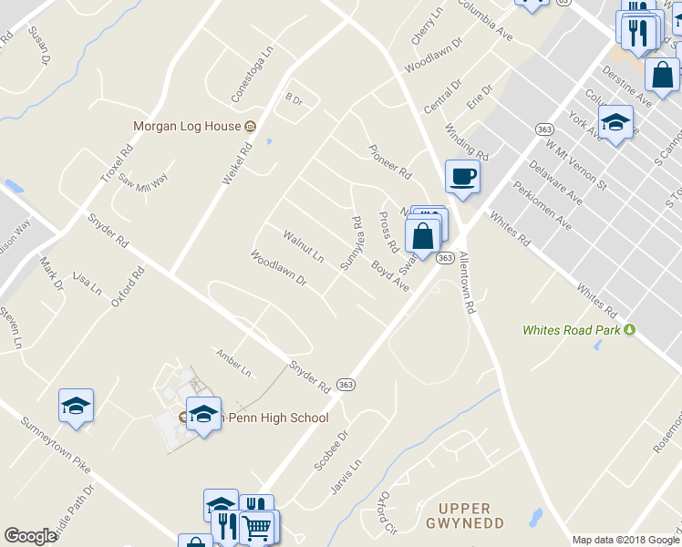 map of restaurants, bars, coffee shops, grocery stores, and more near 1098 Walnut Lane in Lansdale