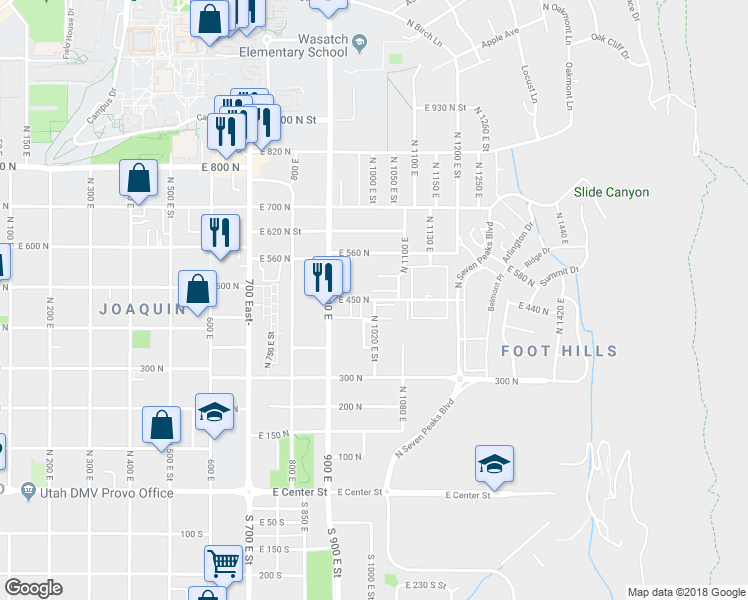 map of restaurants, bars, coffee shops, grocery stores, and more near 1018 East 450 North in Provo