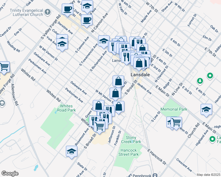 map of restaurants, bars, coffee shops, grocery stores, and more near 153 Green Street in Lansdale