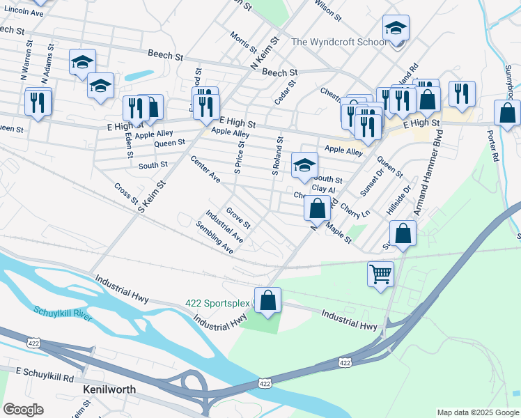 map of restaurants, bars, coffee shops, grocery stores, and more near 1147 Center Avenue in Pottstown